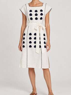 Tory Burch Embroidered Floral Dress Linen Blend Contrast Whip Stitch Midi